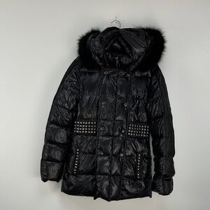Faith Women's Black down Puffer Jacket with real Fur Trim studded